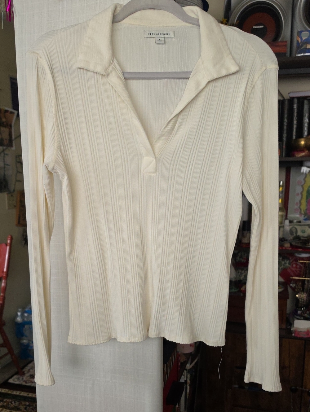 FREE ASSEMBLY Cream Ribbed Long-Sleeve Polo Top